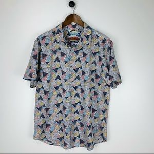 Tenth + Ocean Men’s Button Down Shirt Stretch Men’s Large Multicolor Retro Print